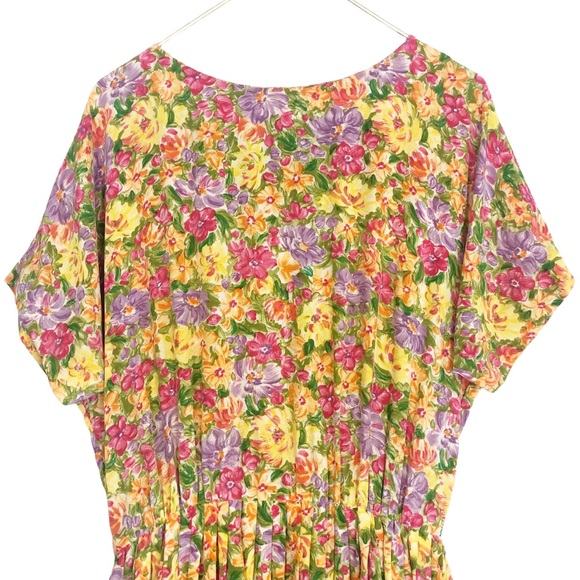 VINTAGE 80s 90s Bold Yellow Pink Floral Brushstroke Art Print Silk Pleated Mini - Picture 3 of 9